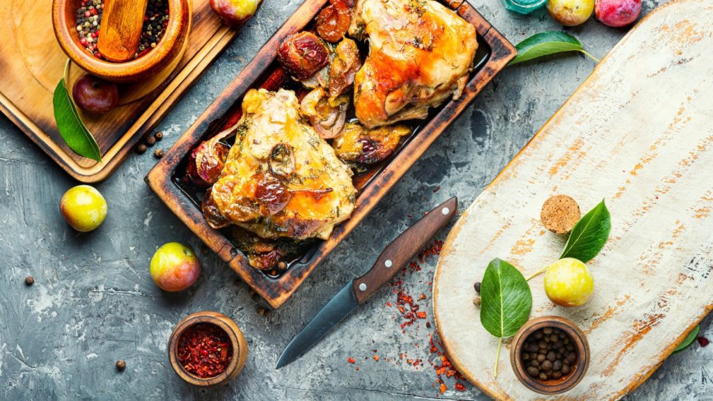 szilvás rozmaringos csirke, recept, bulgur