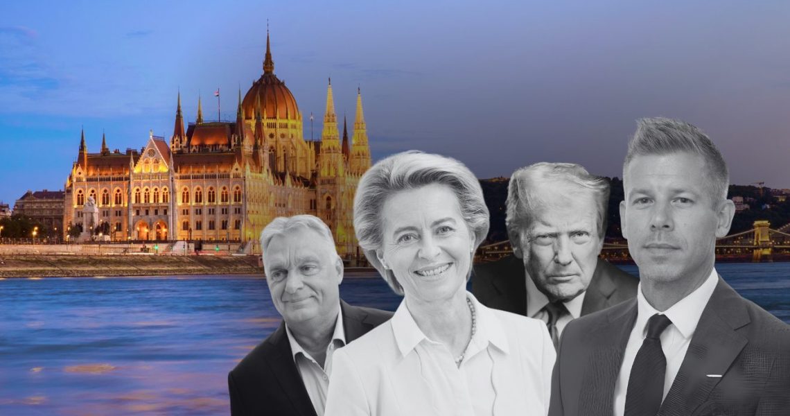 orbán viktor, magyar péter, parlament, ursula von der leyen, donald trump Szerkesztve Canva orván viktor, magyar péter, donald trump, ursula von der leyen